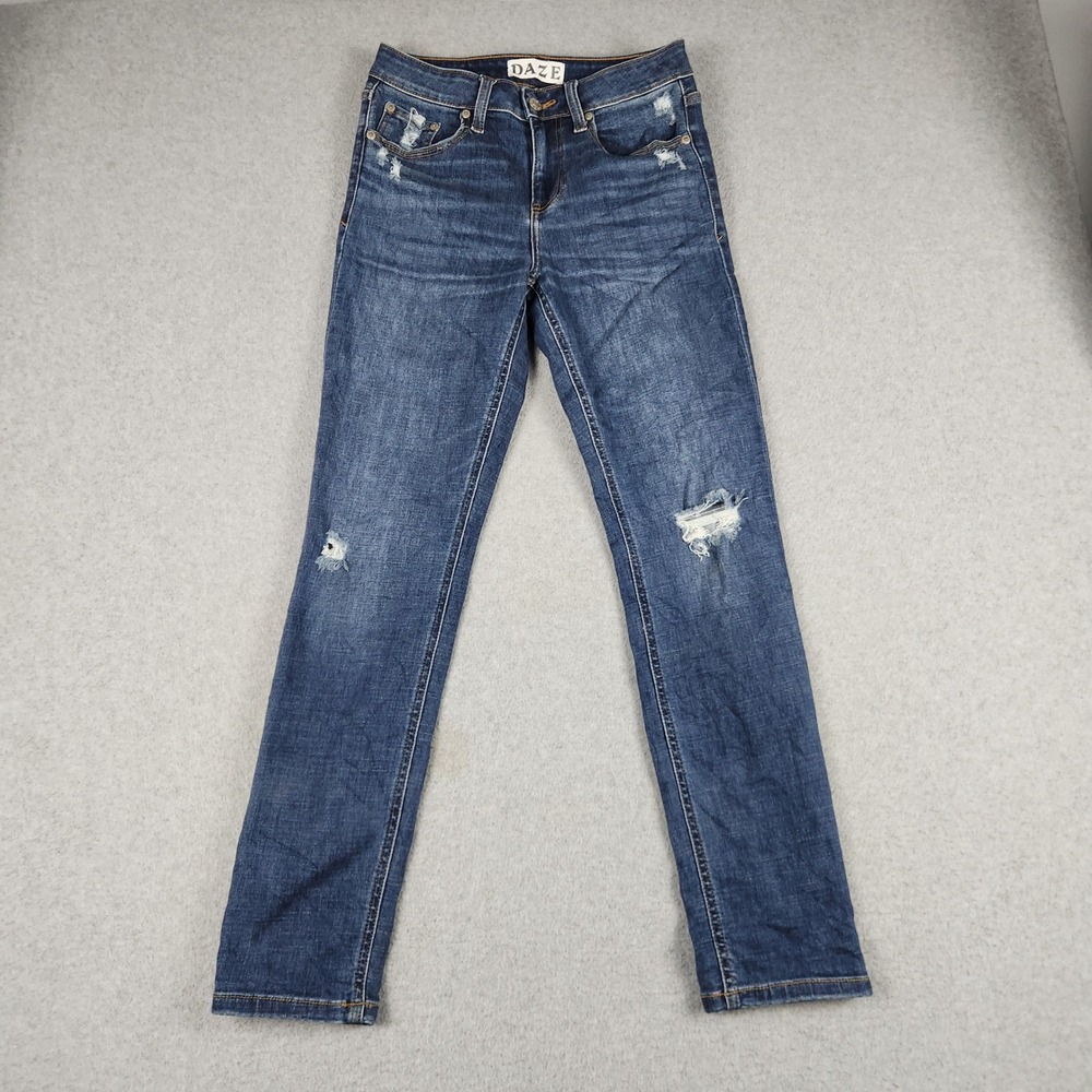 Daze Denim Jeans Womens 27 Blue Whiskered Medium Wash Skinny Distressed Stretch
